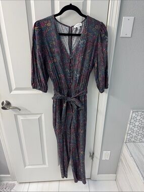 Evereve Teal Multicolor Floral Long Sleeve Jumpsuit